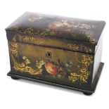 AN EARLY VICTORIAN PAPIER MACHE RECTANGULAR TEA CADDY with hand painted floral decoration on four