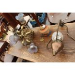 A FOUR LIGHT HANGING BRASS LIGHT FITTING a GWR copper lantern, a further light fitting and a light