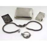 A SILVER CIGARETTE CASE a silver lighter, a Scottish brooch, a white metal necklace and a silver