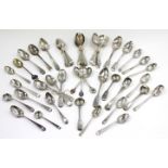 A COLLECTION OF GEORGIAN AND LATER TEASPOONS and other spoons including condiment spoons, marks