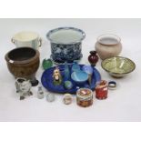 MISCELLANEOUS CHINA and glass to include three turquoise blue glazed Studio Pottery pieces, a Dennis