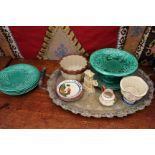 MISCELLANEOUS SILVER PLATED WARES, two white metal bowls, a brass bell, a Victorian green leaf