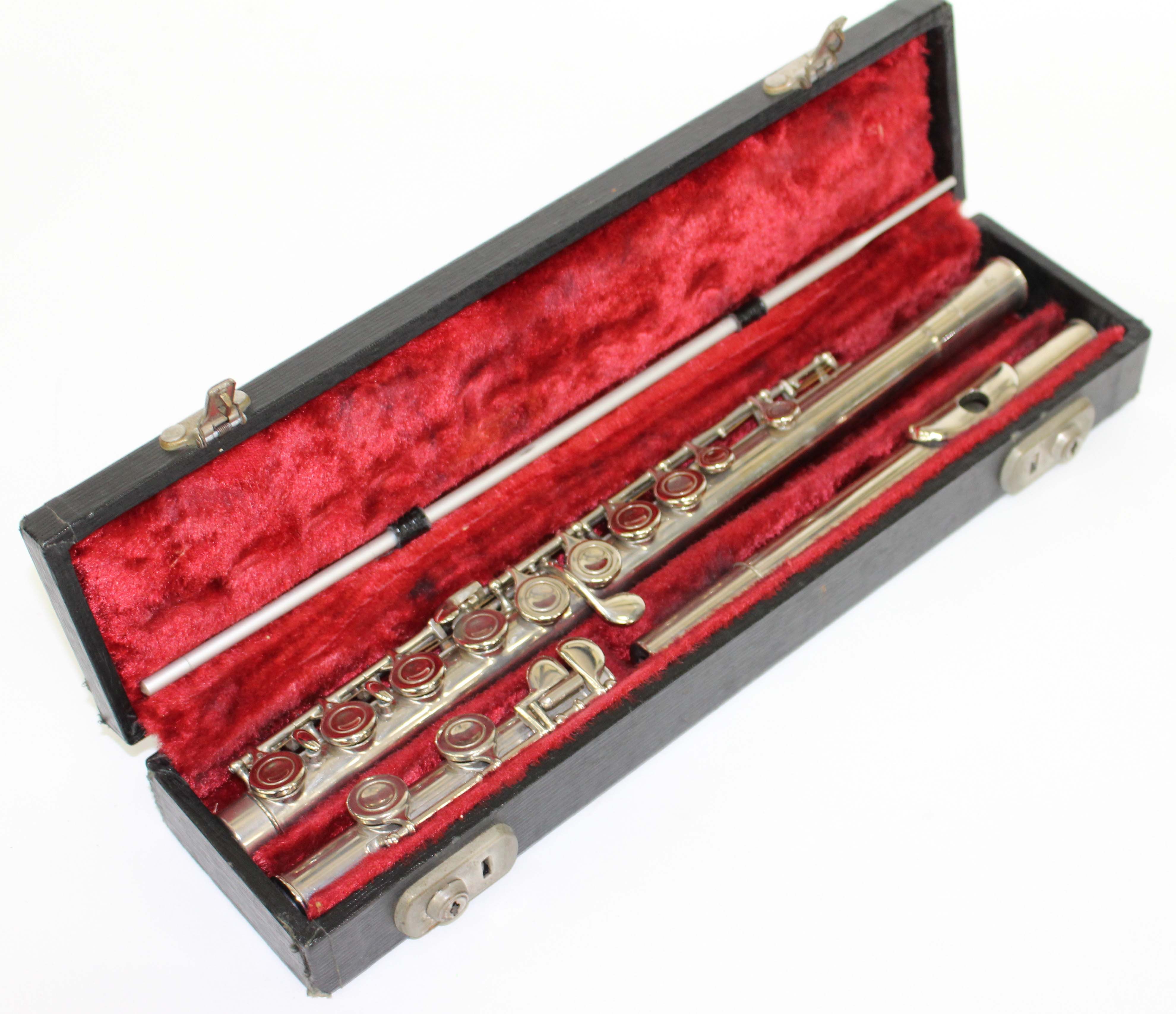 A CASED REGENT BOOSEY & HAWKES of London chromium plated flute with cleaning rod