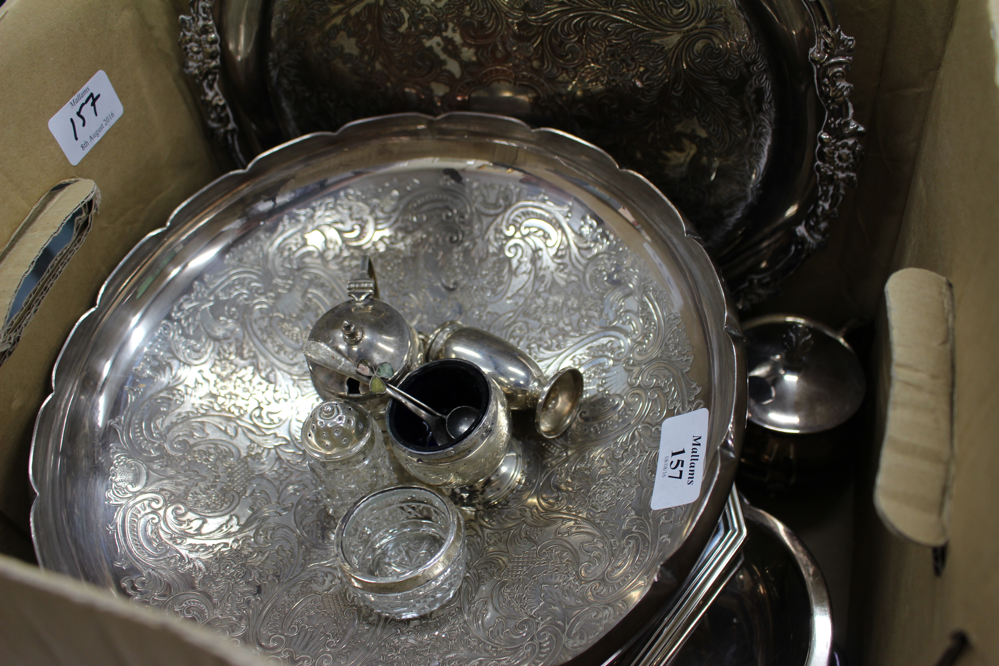 A SILVER THREE PIECE CONDIMENT SET together with a small quantity of silver plate to include two