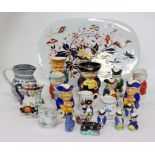 A SELECTION OF 20TH CENTURY STAFFORDSHIRE Toby and character jugs and two blue and white porcelain