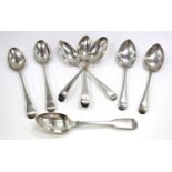 A PAIR OF GEORGE III OLD ENGLISH PATTERN TABLESPOONS together with a further tablespoon by Peter &