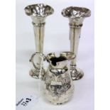 A PAIR OF TAPERED BIRMINGHAM SILVER POSY VASES with flared rims and loaded bases and a London silver