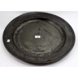 AN ANTIQUE PEWTER CHARGER by Sam Ellis 51cm diameter together with a 19th Century copper fish kettle