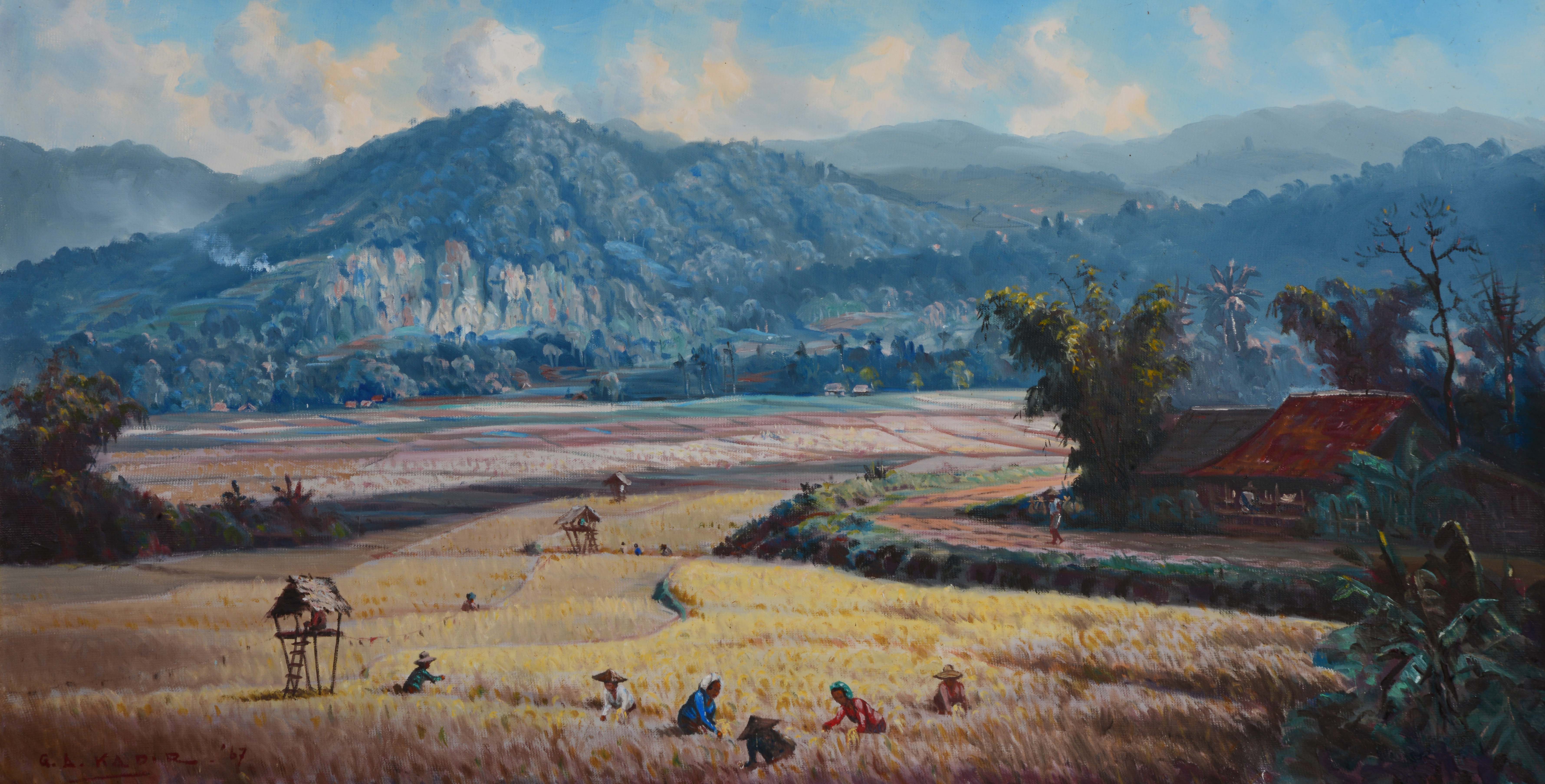 G* A* KADIR (20TH/21ST CENTURY) The Rice Pickers, signed and dated'67, oils on board, 79cm x 160cm