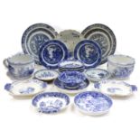 A COLLECTION OF BLUE AND WHITE POTTERY to include a pair of lozere ironstone chamber pots, dishes