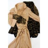 A VINTAGE SILK DRESSING GOWN AND JACKET BY HALF MOONS with faux leopard cuffs