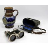 A VICTORIAN ROYAL DOULTON LAMBETH QUEEN VICTORIAN JUG 17cm high and a set of opera glasses in a