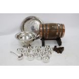 A SILVER PLATED ENGRAVED GALLERY TRAY, a matching punch bowl and cups, a novelty copper bound oak