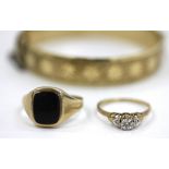 A 9CT GOLD SIGNET RING set with an onyx together with a further 9ct gold ring and a rolled gold