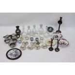 TWO PAIRS OF CUT GLASS DECANTERS, a further decanter, a hammered pewter three piece tea set, a