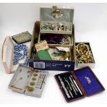 A QUANTITY OF COSTUME JEWELLERY, a 9ct gold brooch, a pocket watch etc.