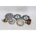 A LARGE ASSORTMENT OF EARTHENWARE FAIENCE PLATES, ironstone floral painted plates, an Indian