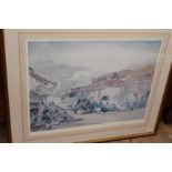 A RUSSELL FLINT PRINT LIMITED EDITION 183/500, a village landscape, 53cm x 70cm