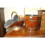 THREE 19TH CENTURY STEEL AND BRASS HANDLED FIRE IRONS, a Victorian copper coal scuttle, a coopered