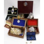 A SELECTION OF VINTAGE COSTUME JEWELLERY including brooches, necklaces, earrings, bangles, pins,