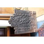 AN OLD HEAVY CAST IRON FIRE BACK decorated with the Sacrifice of Isaac, 79cm x 59cm