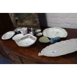 FIVE PIECES OF CREAMWARE including filigree basket, crimped dish weave basket etc, two salts,