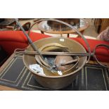 A LARGE BRASS JAM PAN with looping iron handle, 47cm diameter together with a brass coal scuttle,