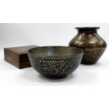 AN INTRICATE SQUARE STRAW WORKBOX, an Indian bidriware bowl and a small brass jar