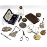 MISCELLANEOUS BIJOUTERIE to include an Acme lever pocket watch movement, two white metal spirit