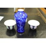 A SMALL MARBLE BLUE AND GLAZED VASE No. 3123 to the base 12cm in height and a near pair of antique