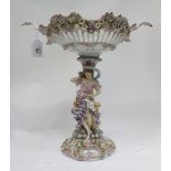 A 19TH CENTURY GERMAN PORCELAIN CENTRE PIECE encrusted with acanthus decoration and flowers, 39cm