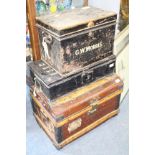 AN OLD TIN TRUNK and two deed boxes (3)