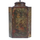 AN OLD TOLEWARE TEA CANISTER and cover of octagonal form, printed in colours with Oriental scenes