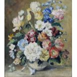 A PAIR OF FRENCH MID 20TH CENTURY STILL LIFE OIL ON CANVAS PAINTINGS, each depicting a vase of