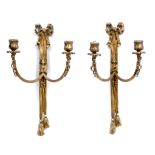 A PAIR OF CAST BRASS TWO BRANCH WALL LIGHTS with tied ribbon decoration, 23cm wide x 38cm high (2)