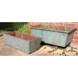 TWO METALLIC GREEN PAINTED RECTANGULAR CAST IRON TROUGHS, the largest 79cm x 42cm x 28cm (2)