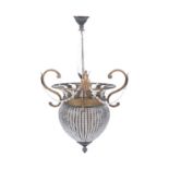 A HANGING BRASS AND GLASS BEAD LIGHT FITTING with scrolls supporting beaded swags and pressed