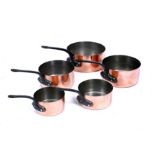 A GRADUATED SET OF FIVE COPPER SAUCEPANS, the largest 22cm diameter