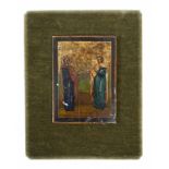 AN ANTIQUE RUSSIAN SMALL ICON depicting two saints, painted on a wooden panel, 10.8cm x 8cm