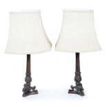 A PAIR OF CAST BRONZE TABLE LAMPS of classical form with fluted columns, paw supports and triform