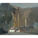 LOXTON KNIGHT (1905-1993) TITLED 'ON THE ROAD' GOUACHE ON PANEL, depicting a house in landscape,