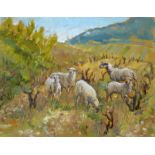SALLY CLARK-LOWES (20TH CENTURY SCHOOL) Sheep on an Italianate hillside, oil on canvas, unsigned