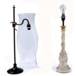 AN ALABASTER TABLE LAMP with spiral fluted column, 40cm high; a table standing brass reading lamp