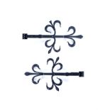 A PAIR OF OLD BLACK PAINTED WROUGHT IRON GOTHIC REVIVAL STYLE STRAPWORK DOOR HINGES with fleur de