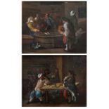 A PAIR OF ANTIQUE OIL PAINTINGS IN THE MANNER OF TENNIERS depicting figures in an inn, to include