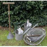 TWO OLD GALVANIZED WATERING CANS, the largest two gallons, together with four various wire