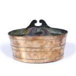 A GEORGE III OVAL COPPER ICE BUCKET with ribbed sides and scroll handles, 26cm wide