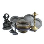 A SMALL COLLECTION OF ANTIQUE PEWTER AND COPPERWARE including a mazer, a knopped brass candlestick