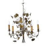 A BRASS AND WIREWORK SIX BRANCH CHANDELIER with faux ivy leaves and flowers, 70cm high