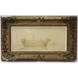 A 19TH CENTURY ENGLISH SCHOOL WATERCOLOUR of a British Naval hulk in a painted gilt moulded frame,